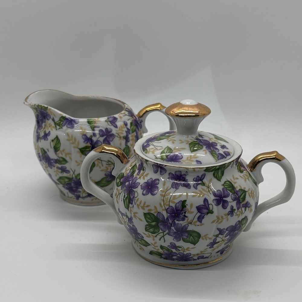 Floral Creamer and Sugar Set with Gold Accents Vintage